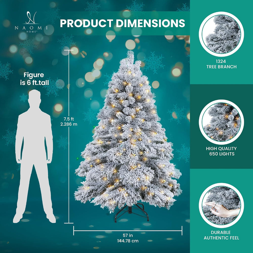 Brittany 7.5ft Artificial Prelit Snow Flocked Christmas Tree