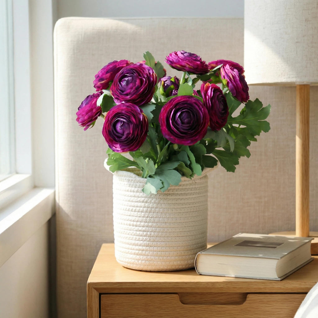 Artificial Ranunculus Flowers Purple, 10 Pack Real Touch Silk, 19 Inch with Blooming Flowers & Buds, Fuzzy Wired Stems