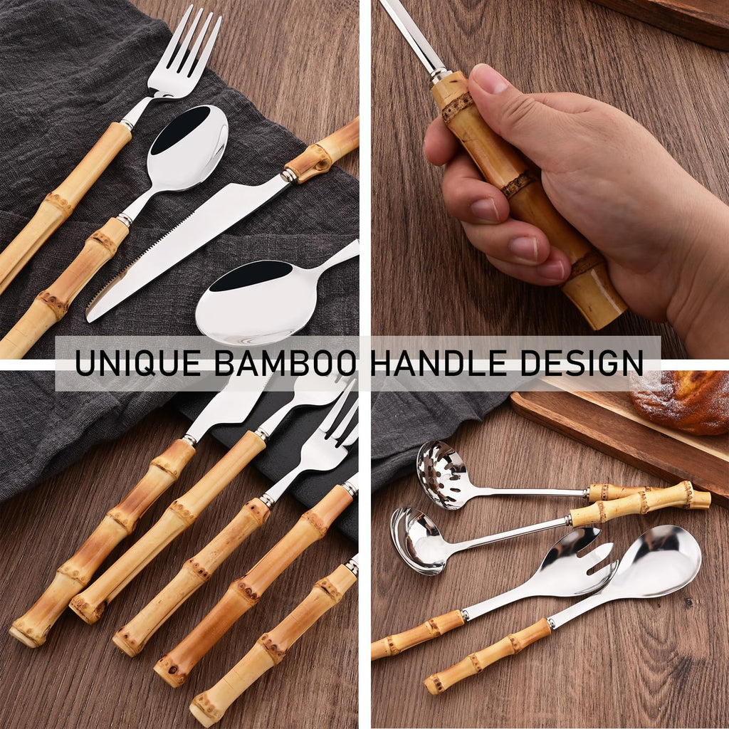 Bamboo Handle Silverware Set, 24-Piece Flatware Set for 6, Stainless Steel Cutlery Eating Utensils Include Forks