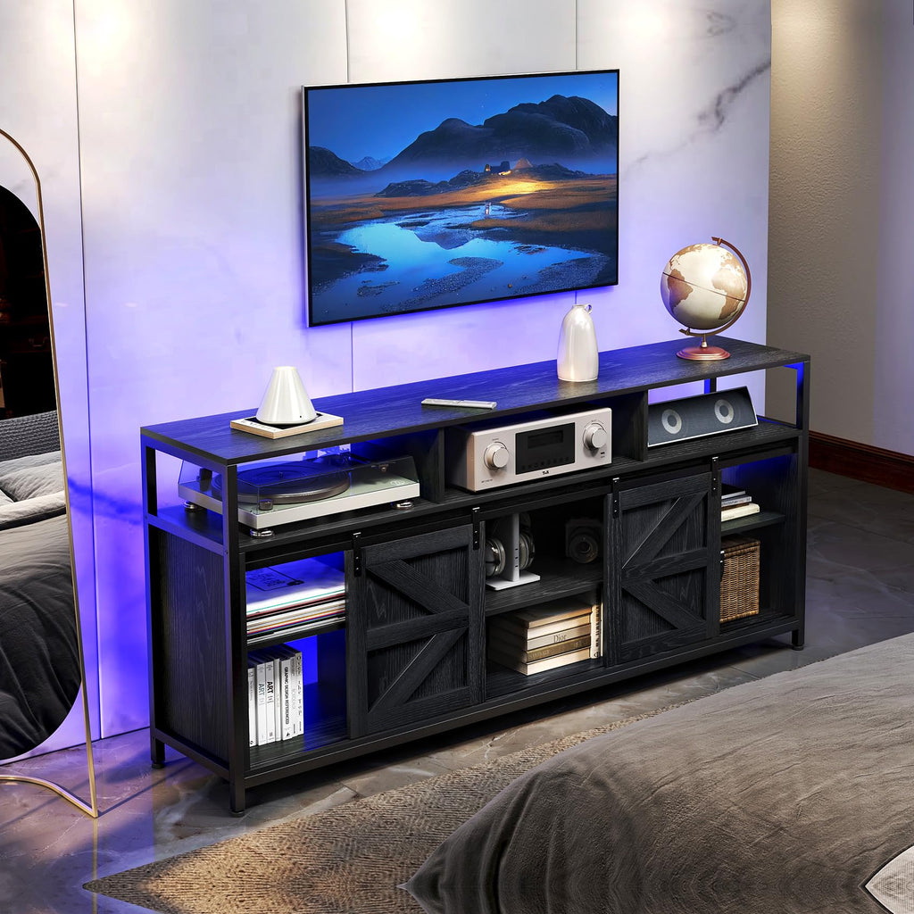 Mid Century Modern Black TV Stand with Sliding Barn Doors, Charging Station, LED Lights, and Storage Shelves for up
