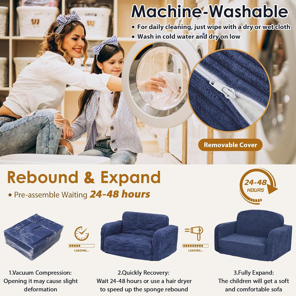 Extra Wide 2 in 1 Convertible Toddler Kids Couch - Corduroy Fold Out Kids Sofa Chair with Blanket, Comfy Comfortable