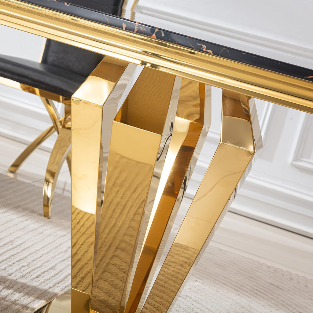 68" Black Marble Dining Table, Luxurious Marble Table Dining with 0.71" Thick Printed Marble Top and Gold