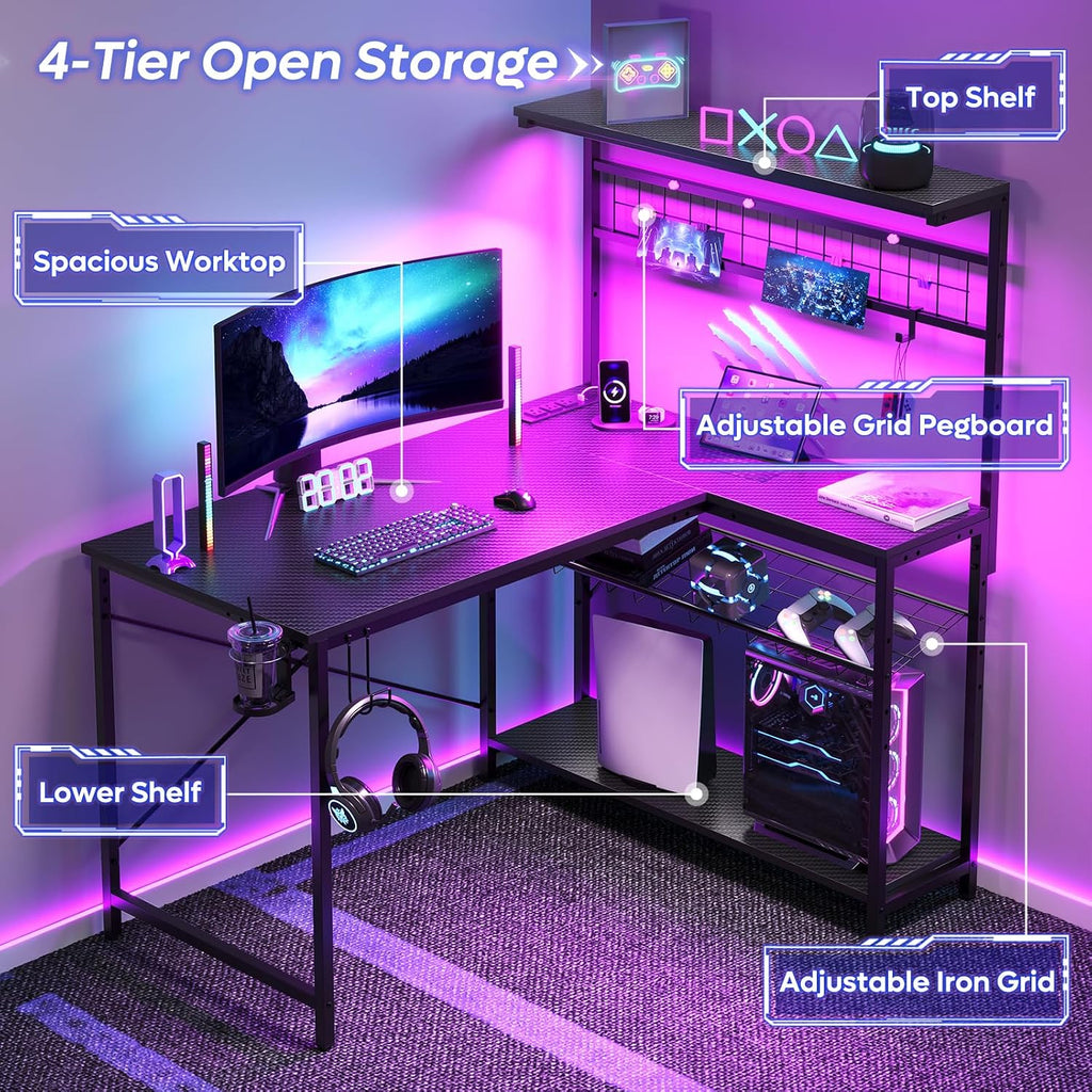 42" L Gaming Desk with Power Outlets LED Lights, Carbon Fiber Black | Reversible Design, LED Lights, Power Outlets