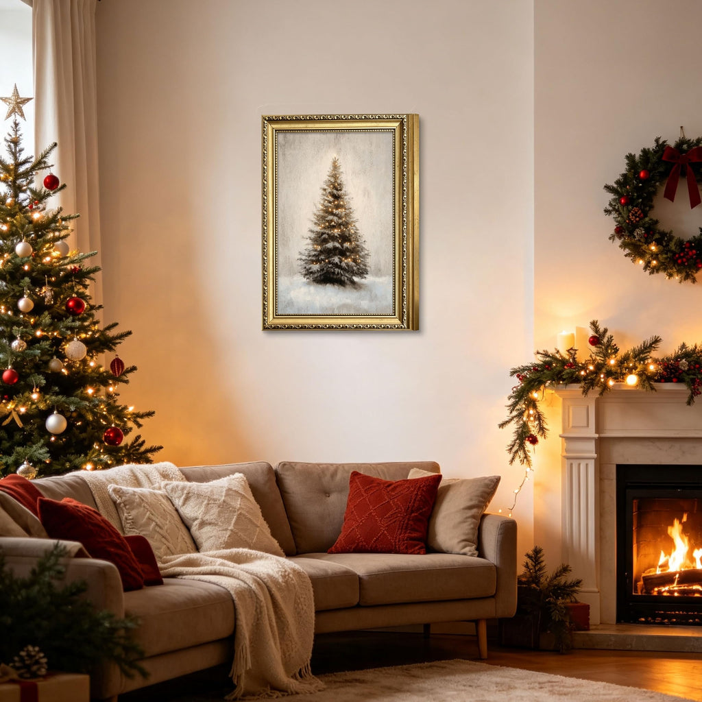 Gold Framed Vintage Christmas Tree Wall Art, Rustic Pine Tree Canvas Wall Decor Painting, Winter Christmas Botanical
