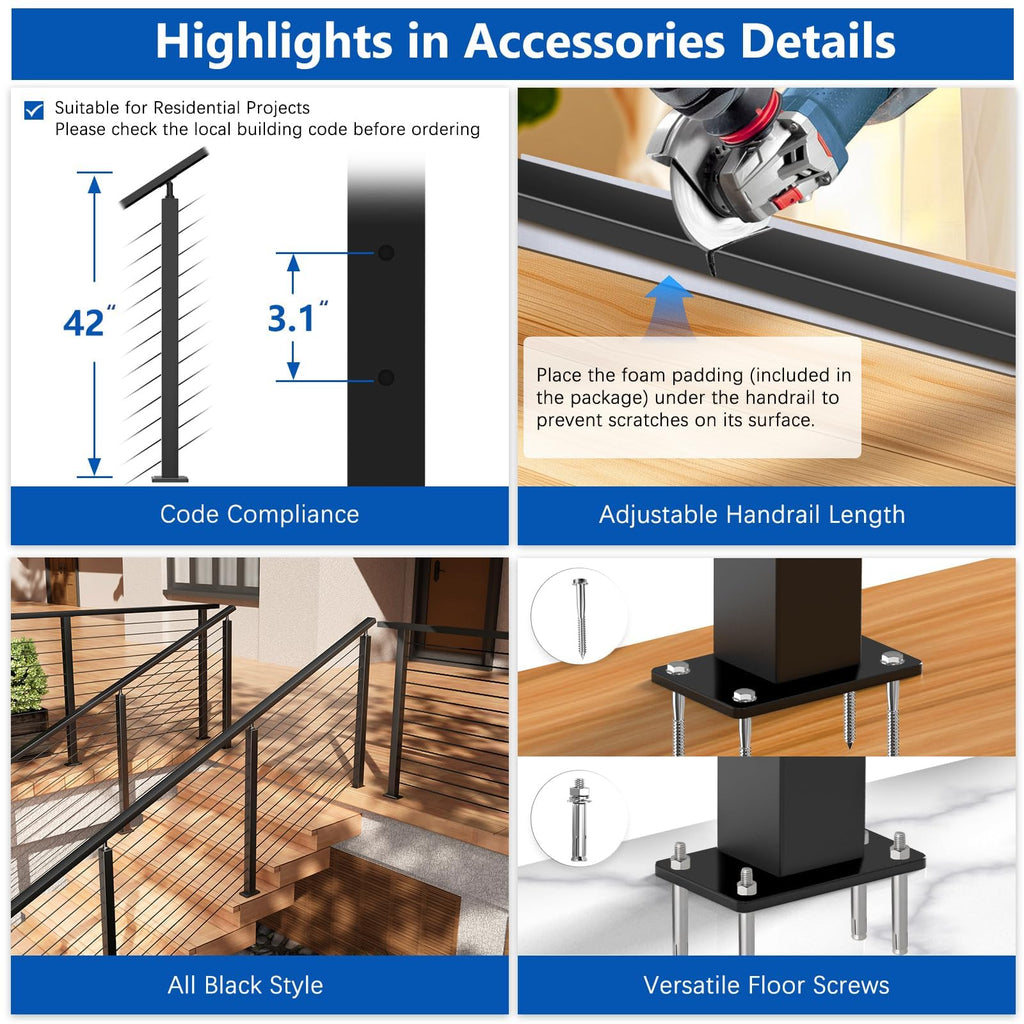 4ft-8ft Modular 42in Cable Railing System for Stair with Handrail