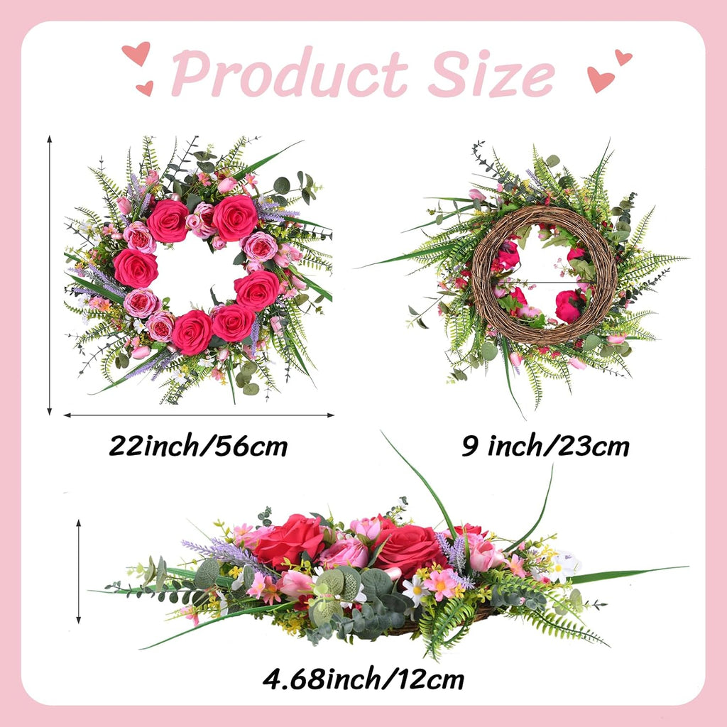 22 Inch Valentines Day Wreaths for Front Door Pink Peony Wreath with Roses Tulips Daisies Valentine Door Decorations