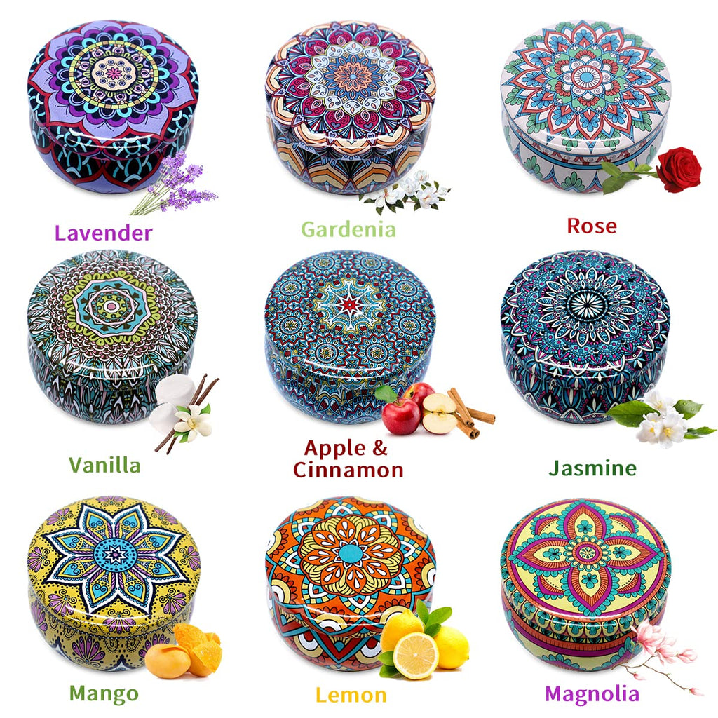 Bohemian Scented Candles Gift Set, 9 Pack Soy Aromatherapy Tin Candles