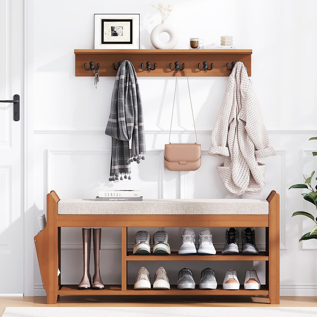 39.4" Shoe Bench with Coat Rack Hidden Drawer and Side Holder, 2 Tier Entryway Bench with Storage, Bamboo Shoe Rack
