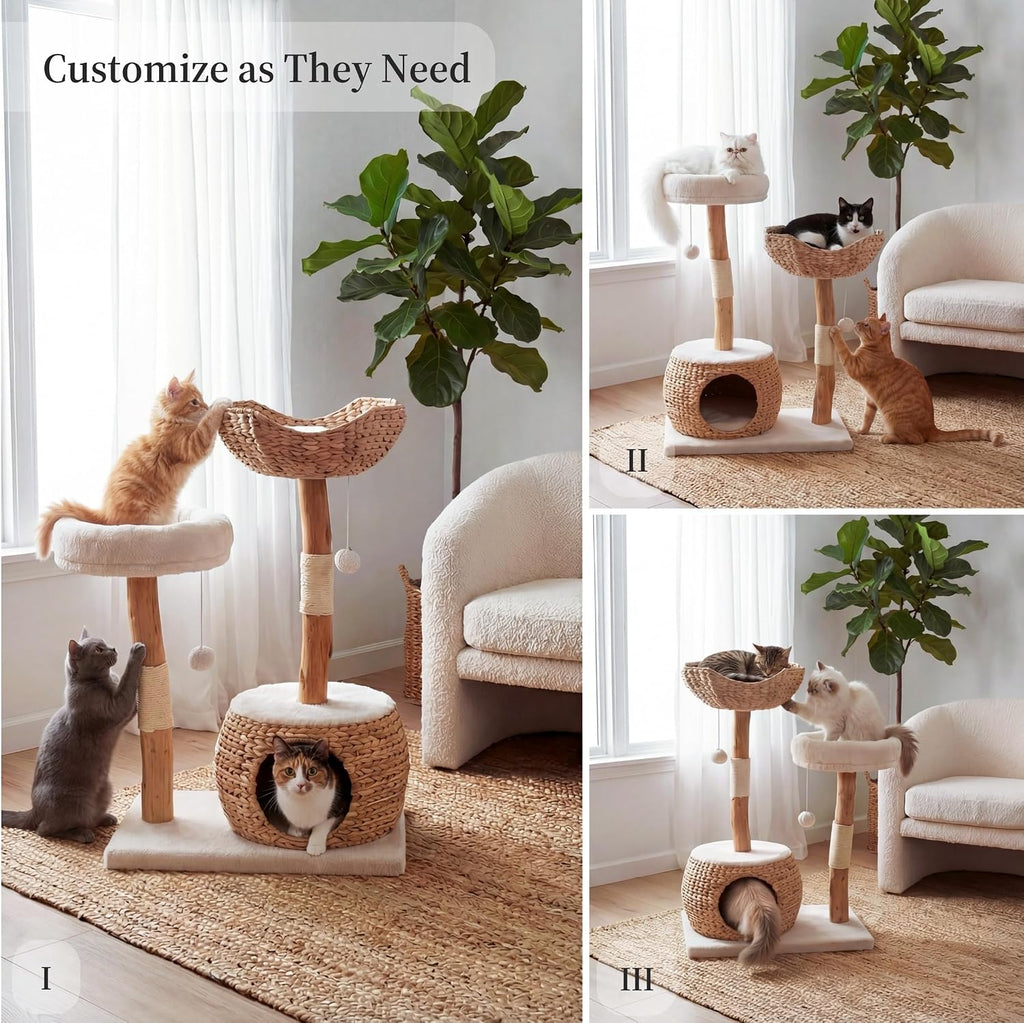 Modern Cat Tree Tower with Cave, Real Wood Cat Scratching Post with Bed for Indoor Cats Large Adult, Solid Wooden