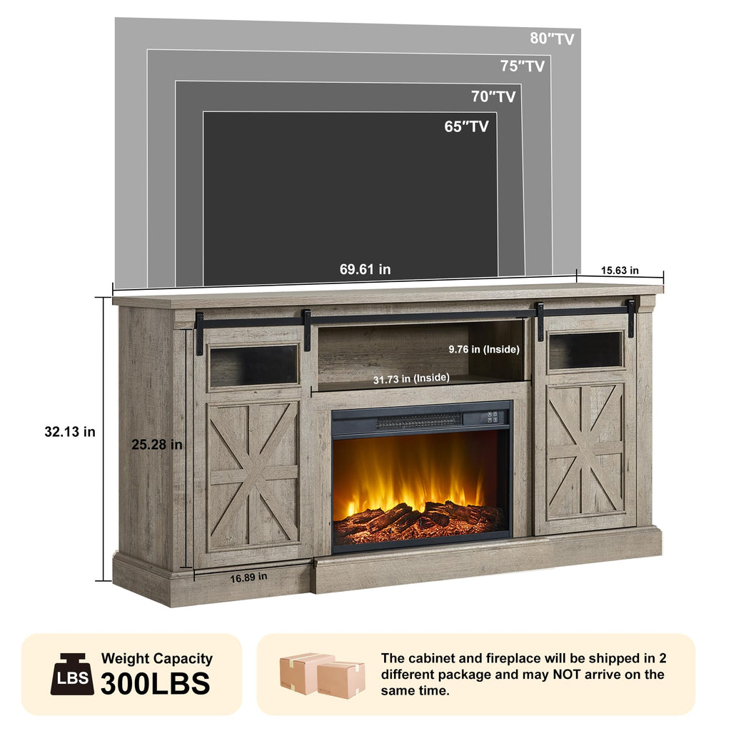 Fireplace TV Stand for up to 80 Inch TVs, 32'' Tall LED Entertainment Center with Electric Fireplace, Farmhouse TV