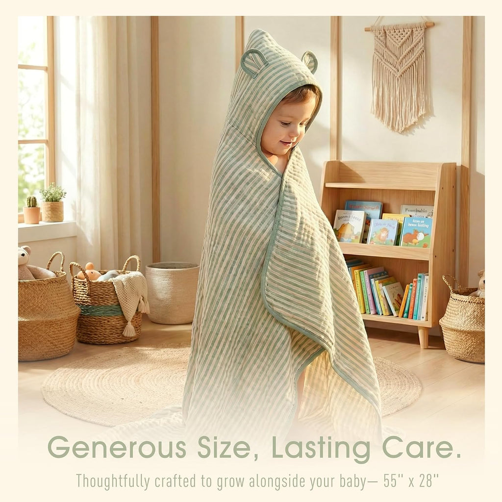 Muslin Toddler Bath Towels Organic Cotton Blend (Sage Stripe,55x28)