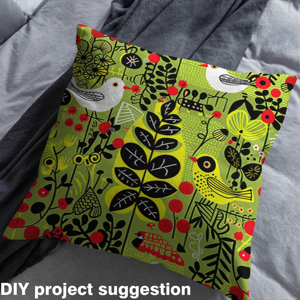 Nature Scenery Graffiti Fabric for Decoration, Botanical Leaves Plants Outdoor Fabric by The Yard, Flying Birds Green