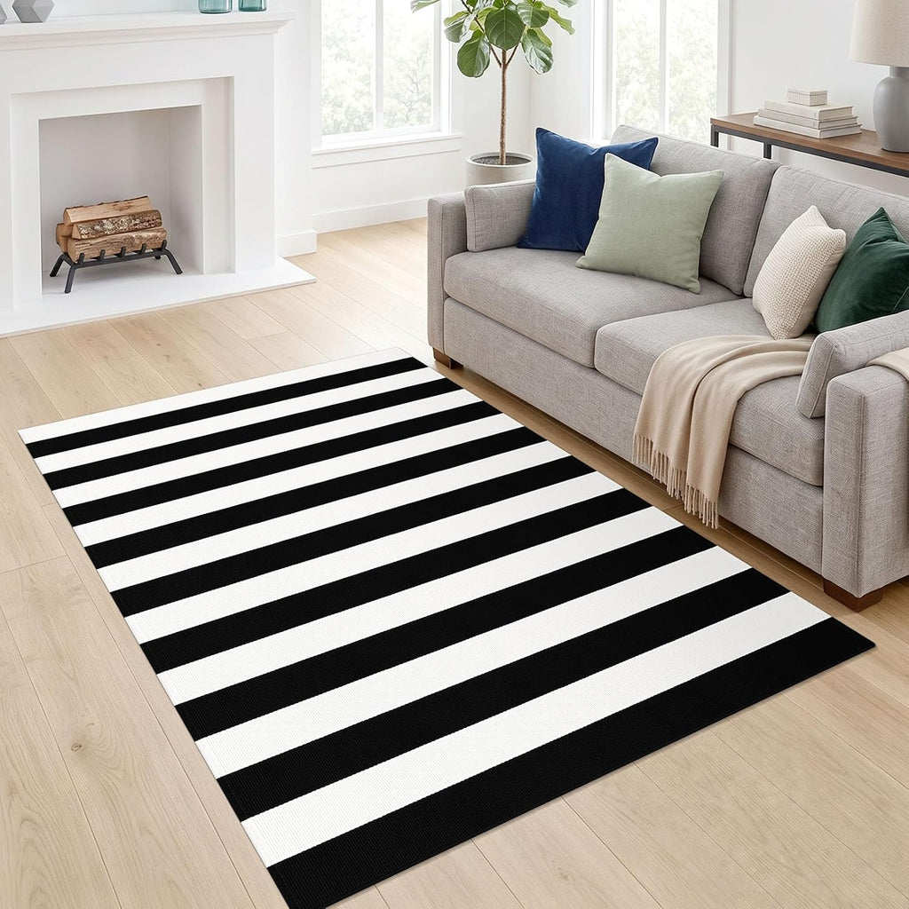 Black and White Striped Rug Woven Washable Front Door Rug