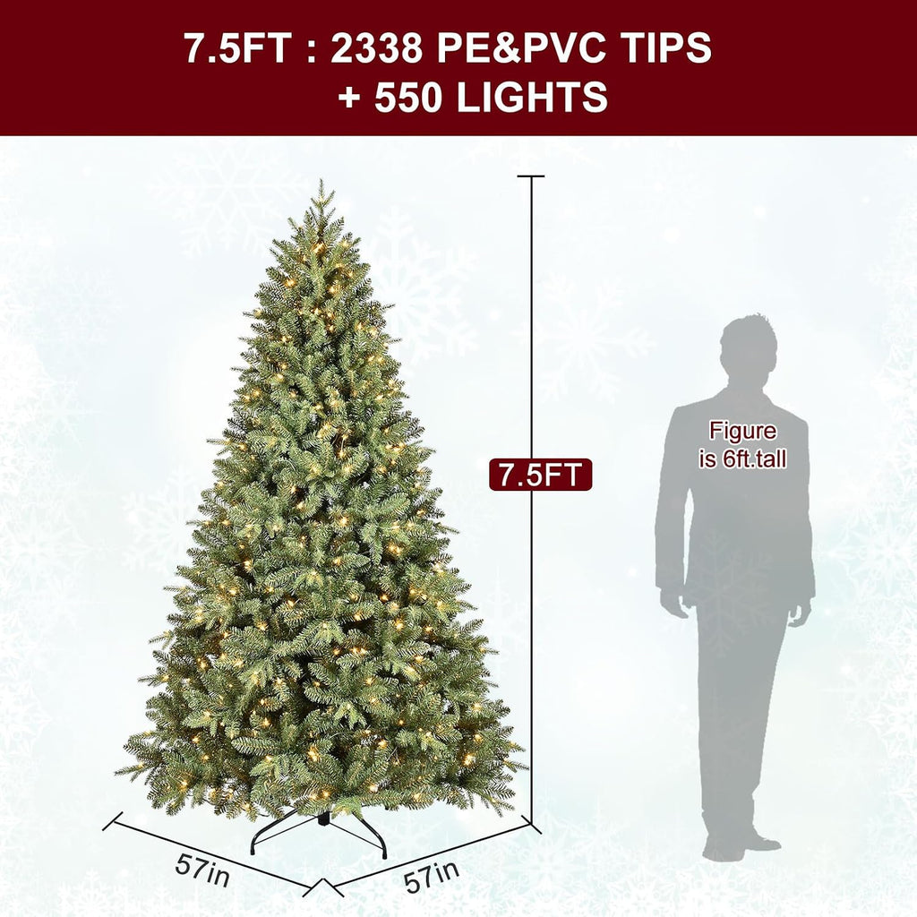 7.5FT Prelit Artificial Christmas Tree, 2652PE/PVC Tips, 550Lights | Warm White Incandescent Lights, Full Realistic