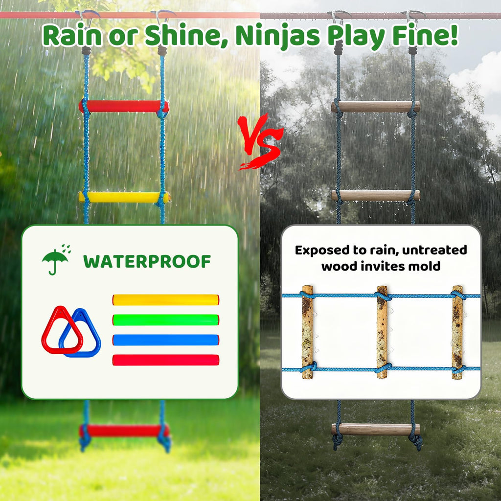 Ninja Warrior Obstacle Course for Kids, 2×50ft Slack Lines for Backyard with 8 Ninja Accessories - Monkey Bar, Rope