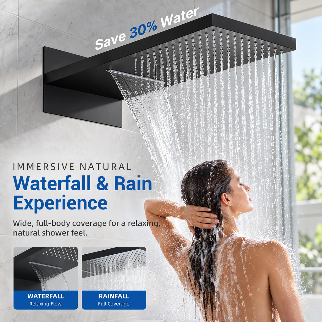Thermostatic Shower System, Waterfall Shower Head(Matte Black)