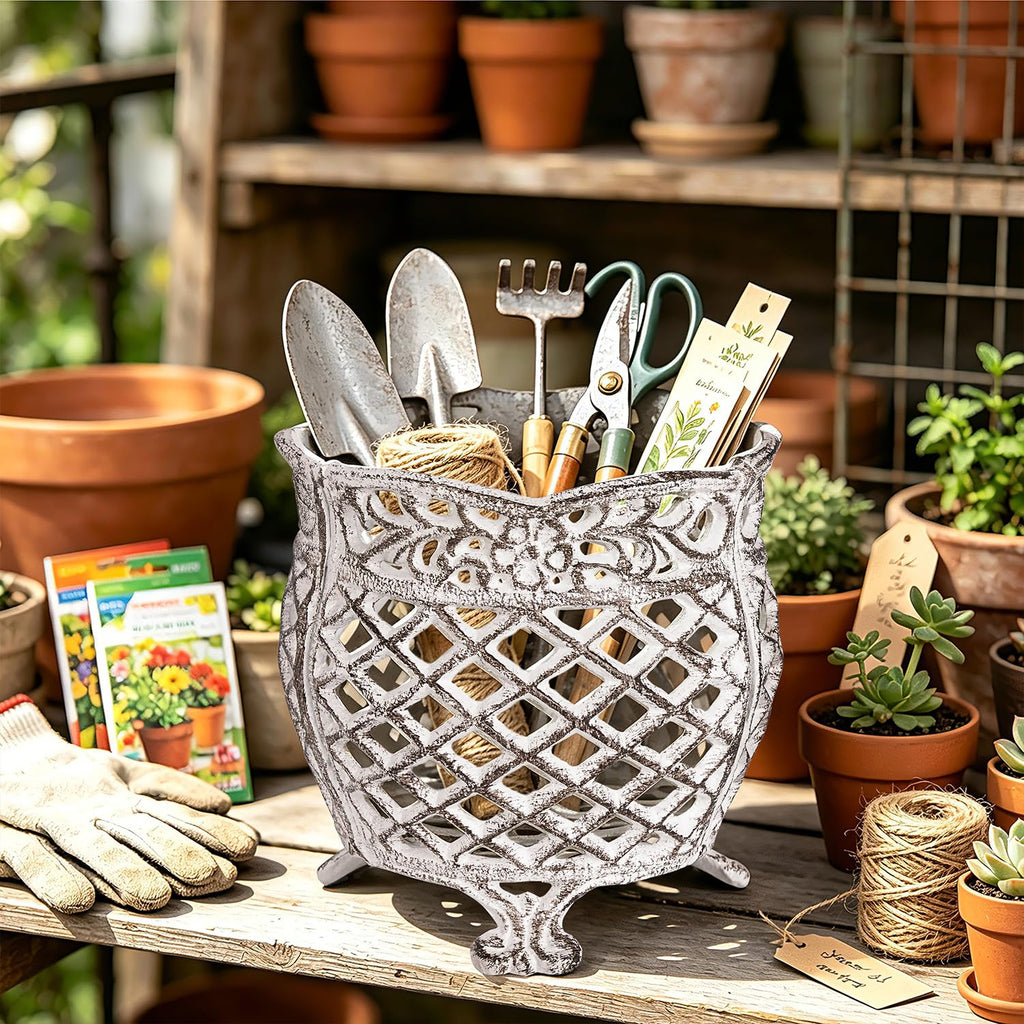 Vintage Cast Iron Urn Planter with Non-Woven Bag, Vintage White