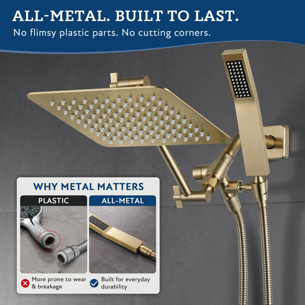All Metal 8-Inch Dual Square Shower Head Combo, Rain Shower Head, Handheld Shower Wand with 71-Inch Extra Long Hose