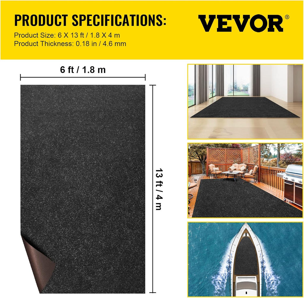 Marine Carpet, 6 x 13 ft Indoor Outdoor Carpet Charcoal Black Marine Grade Boat Carpet with Water-Proof TPR Backing
