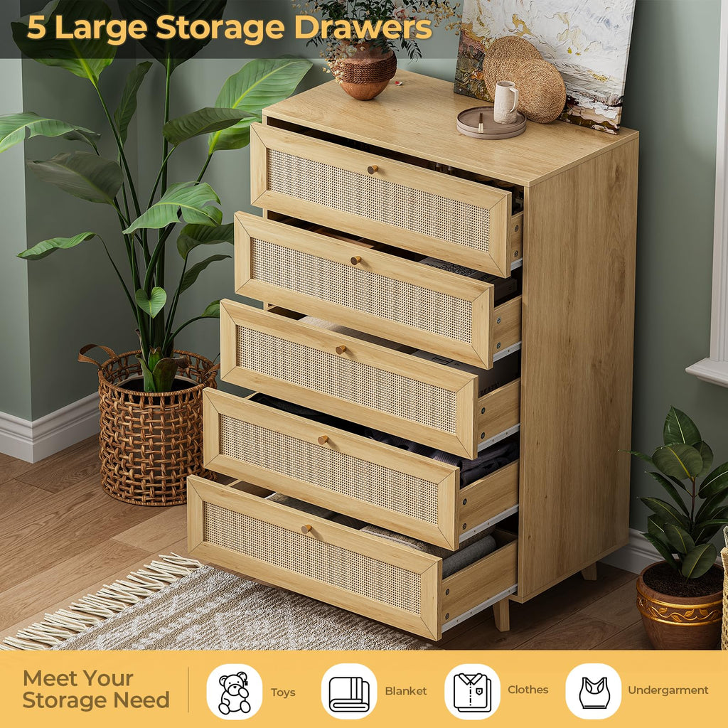 Rattan Dresser with 5 Drawer, Modern Double Wooden Tall Bedroom Dresser, Chest of Drawers with Metal Handle & Solid