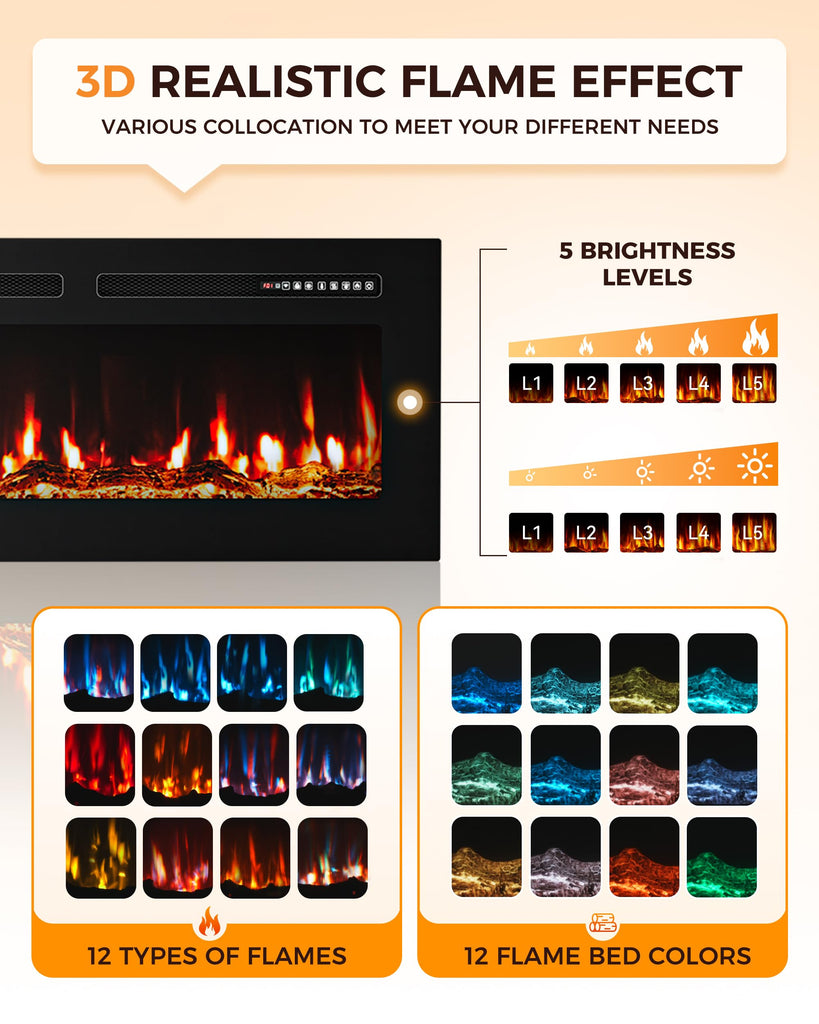 50" Smart WiFi Electric Fireplace Heater, Recessed Wall Mounted