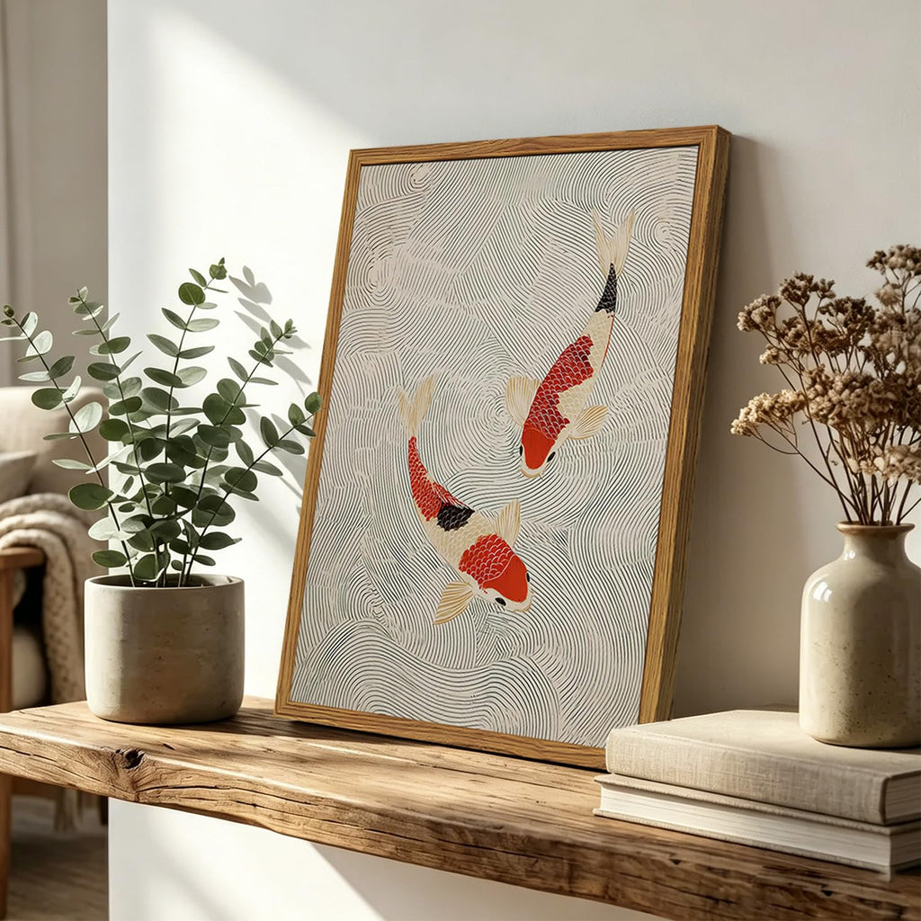 Framed Japanese Wall Art, Minimalist Red and Cream Koi Fish in Water Canvas Wall Decor Paintings, Japandi Zen Prints