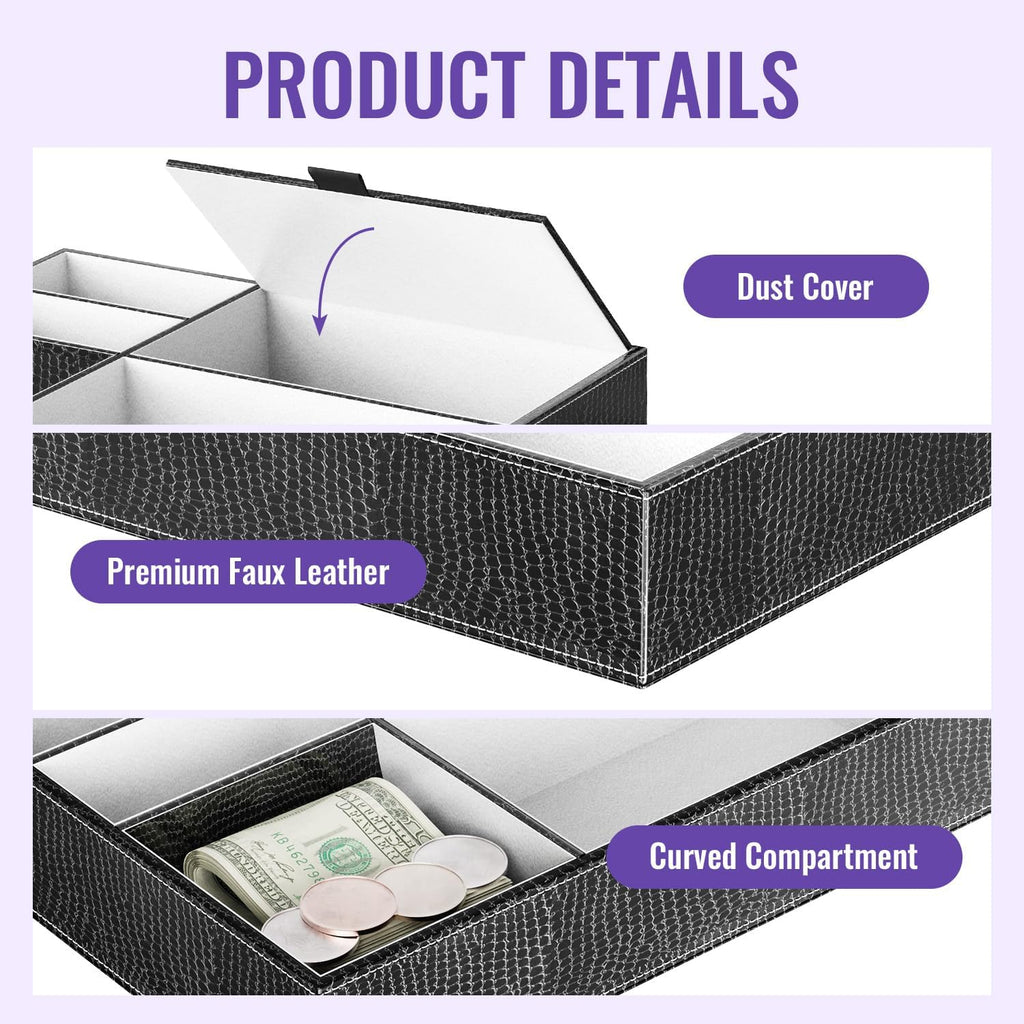 Men's Valet Tray, Faux Leather Valet Box, EDC Catch All Tray, Dresser Top Nightstand Organizer with 5 Compartments
