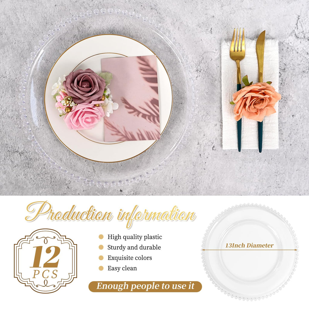 12 Pack 13 Inch Clear Charger Plates with Clear Beaded Rim