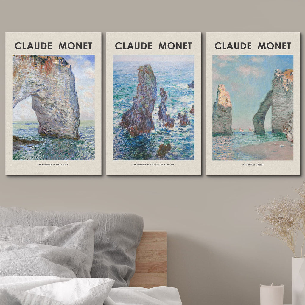 Canvas Wall Art Print Set Beach Ocean Cliffs in France by Claude Monet Nature Wilderness Illustrations Modern