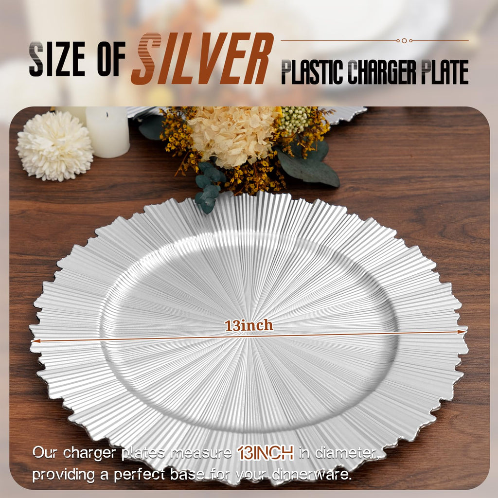 Silver Charger Plates Bulk 100Pcs - 13" Elegant Silver Chargers for Dinner Plates, Wedding & Event Decorative Charger