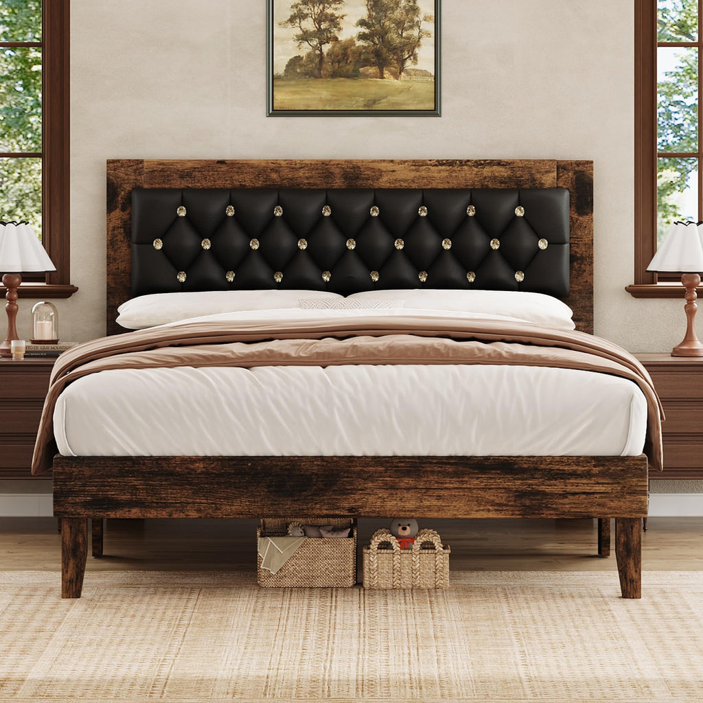 Wood Bed Frame with Diamond Tufted Headboard, Walnut