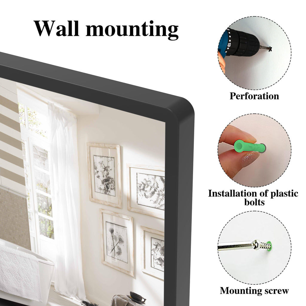 Bathroom Mirror with Shelf, Black Rectangle Wall Mirror Metal Frame, Hanging Horizontal or Vertical (24'' X 20'')