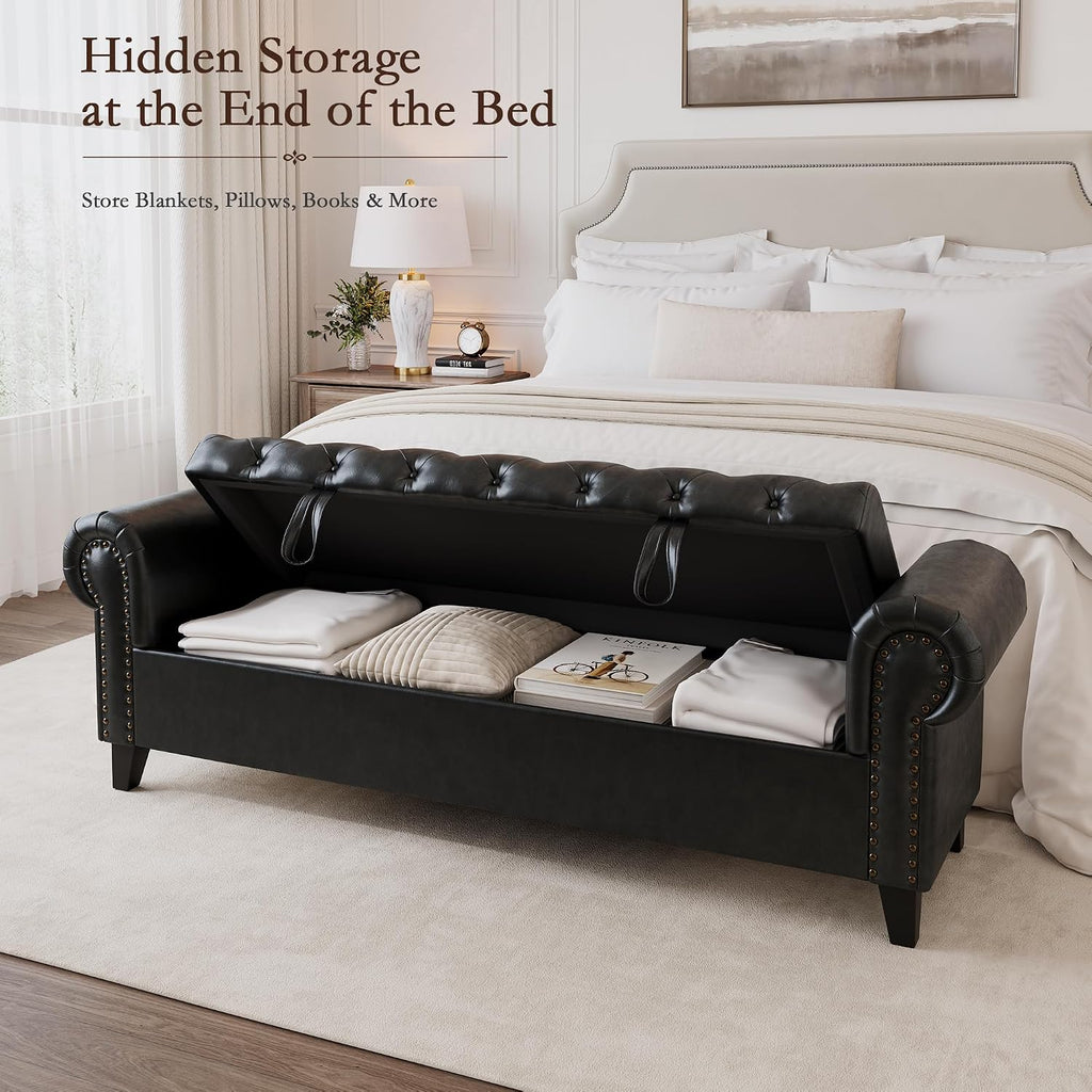 67 Inch Faux Leather Storage Bench with Rolled Arms, Chesterfield Tufted Ottoman Bench with Nailhead Trim