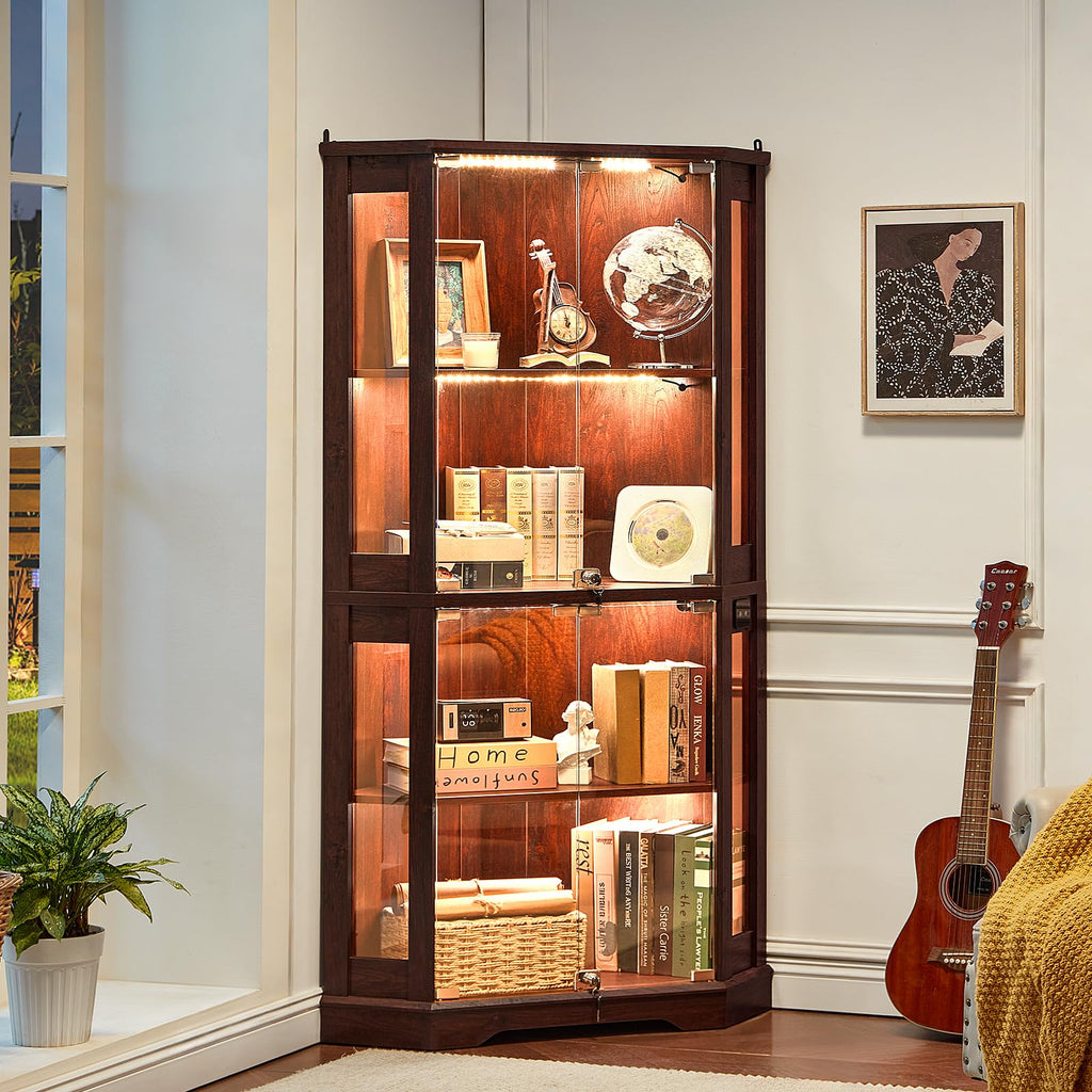 Farmhouse Corner Curio Cabinet with Lock, Walnut