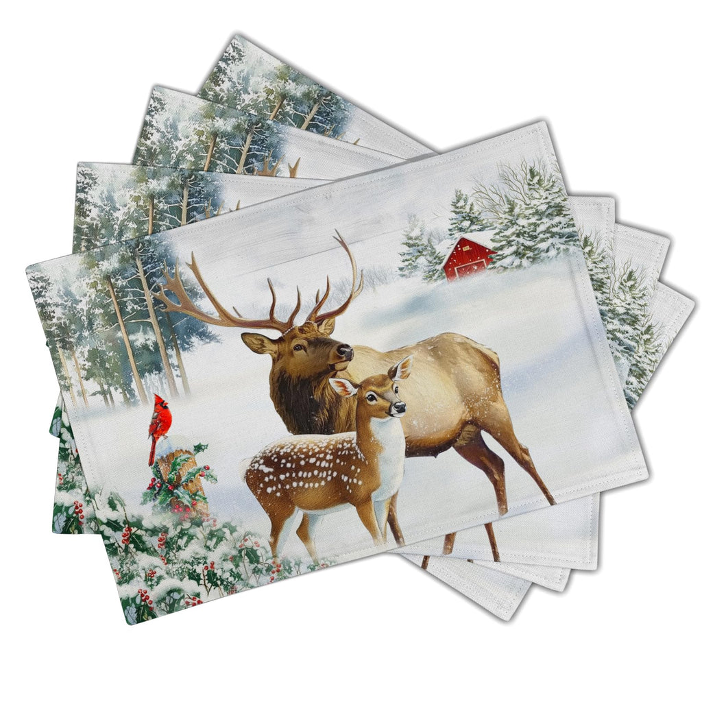 Winter Deer Placemats Set of 4 12x18 Inch Christmas Reindeers Elk Moose Place Mat Xmas Trees Snow Wildlife Table Mats