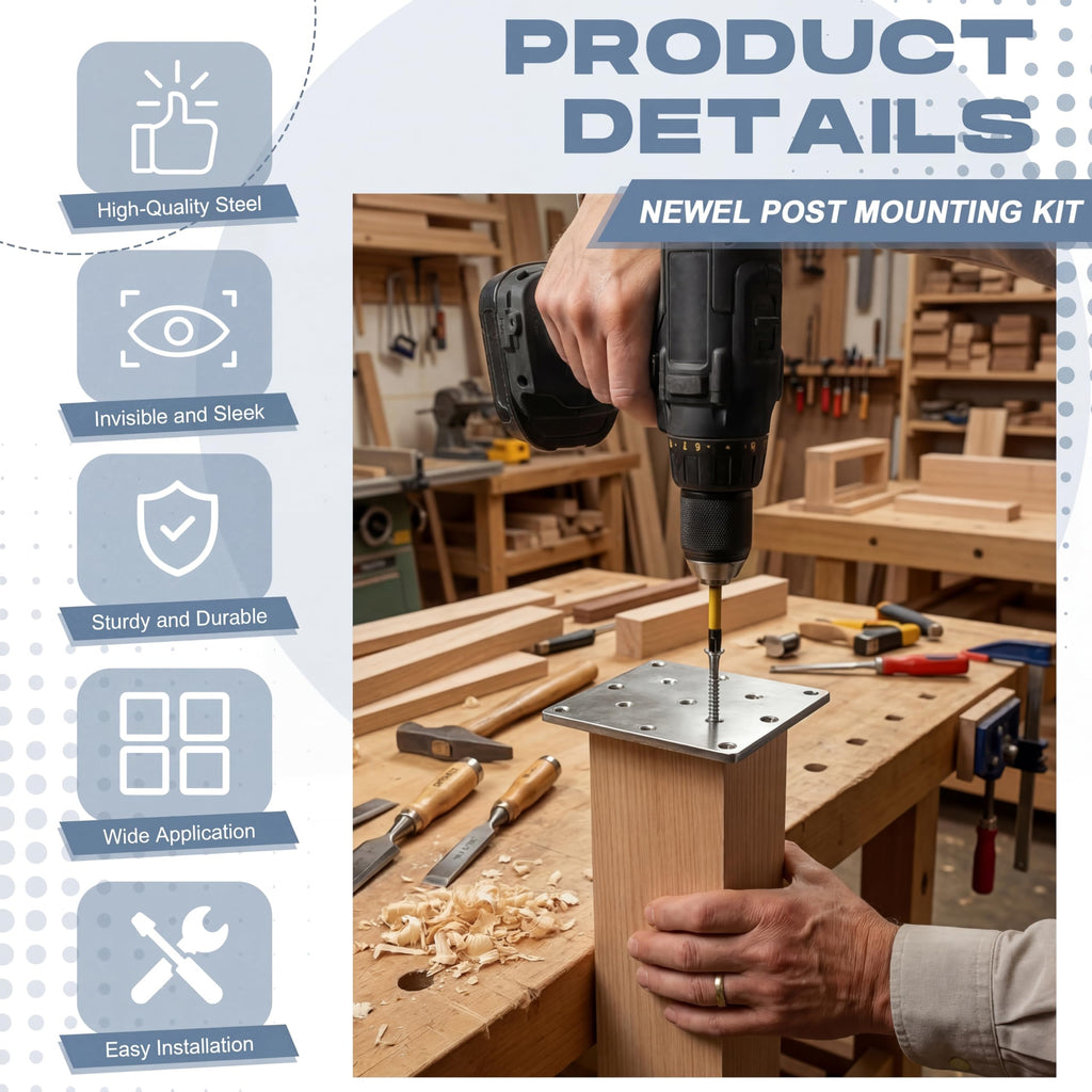 4 Sets Newel Post Fastener, Each Newel Post Mounting Kit Includes 1 Steel Plate and 13 Long Screws, Hidden Designed