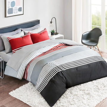 Comforter Sets with Sheets - Bed in a Bag 9 Pieces Teen Bedding Sets, Red and Grey Stripes Bedding Full