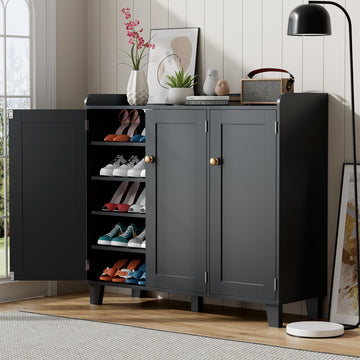 Shoe Storage Cabinet with 3 Doors and Adjustable Shelves, 40 Inch Tall Farmhouse Flat-Shelf Wooden Shoe Cabinet, Shoe