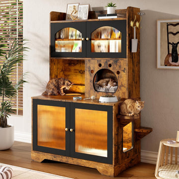 Cat Litter Box Enclosure with Storage Cabinet, Hidden Cat Washroom Furniture with Fluted Glass Doors & Cat Tree