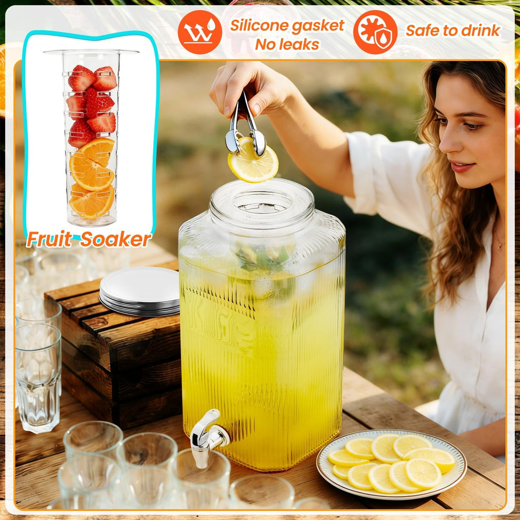 Gallon Glass Drink Dispenser with Stand Spigot Drink Coasters and Filter Leakproof Water Jar Clear Iced - Set of 2