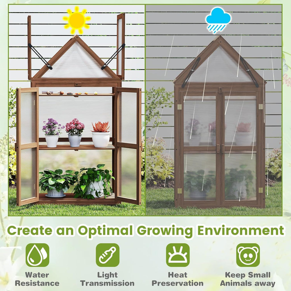 Garden Cold Frame, Mini Greenhouse Storage Shelves w/ Transparent Flip-Top Roof & 3 Adjustable Shelves, Indoor &