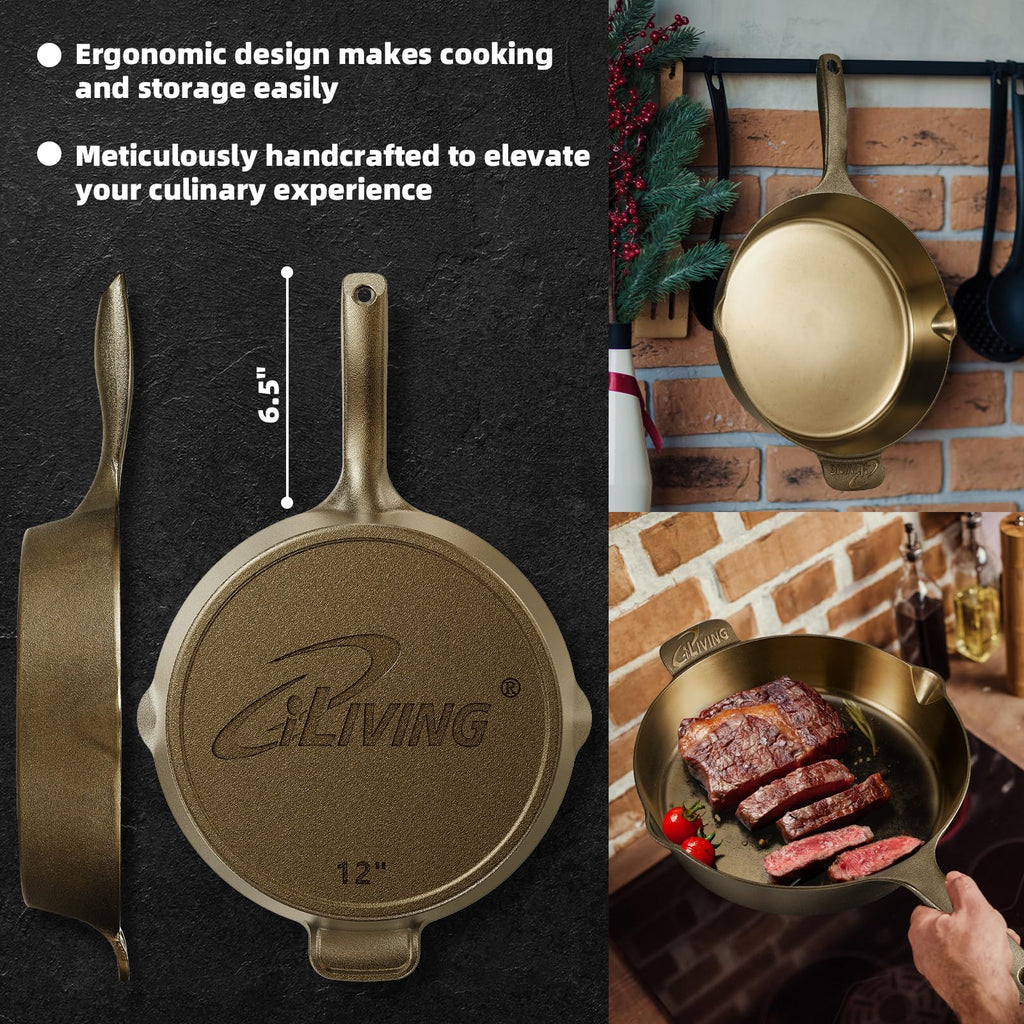Seasoned Modern Heirloom Mirror Polished Cast Iron Skillet Pan 12" (2.7" Wall Height/3.7 L)