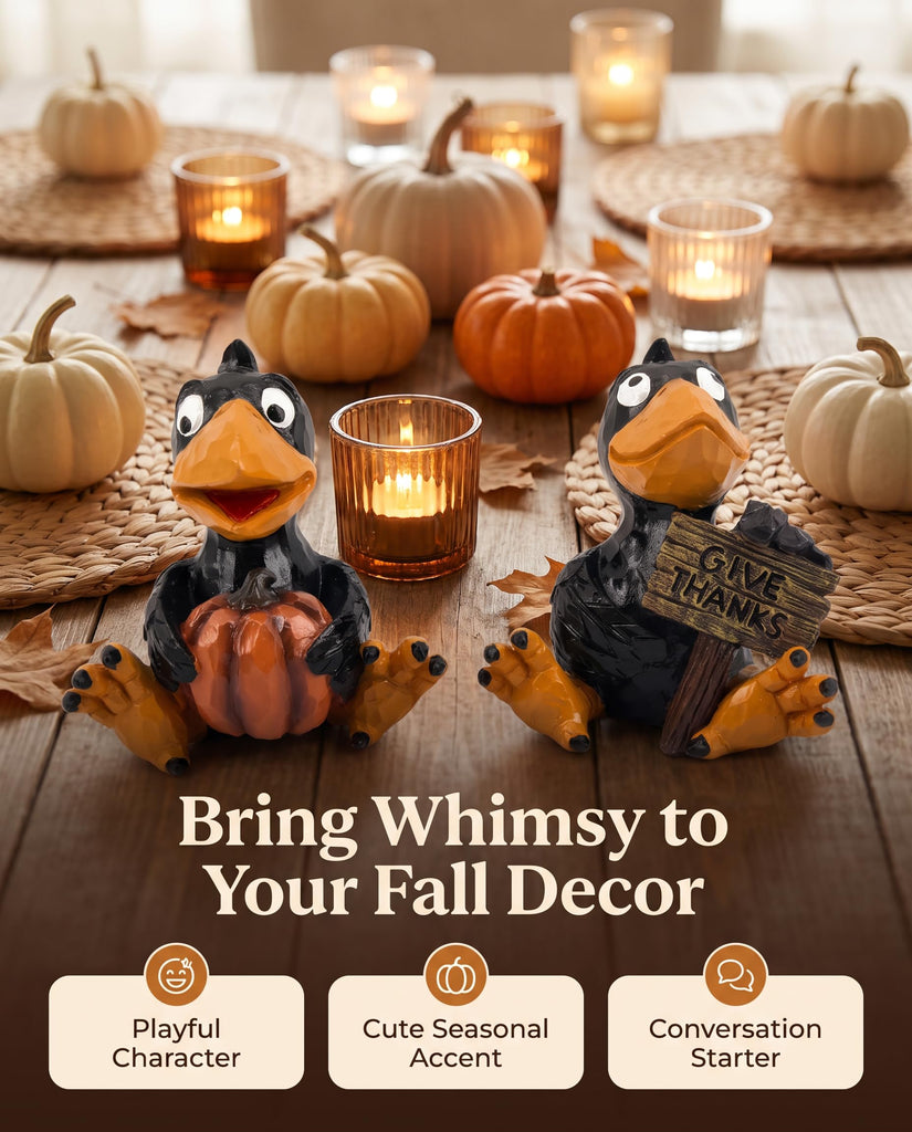 Set of 2 Thanksgiving Crow Figurines, Resin Fall Tabletop Decor with Pumpkin and Give Thanks Sign, Black Bird Shelf