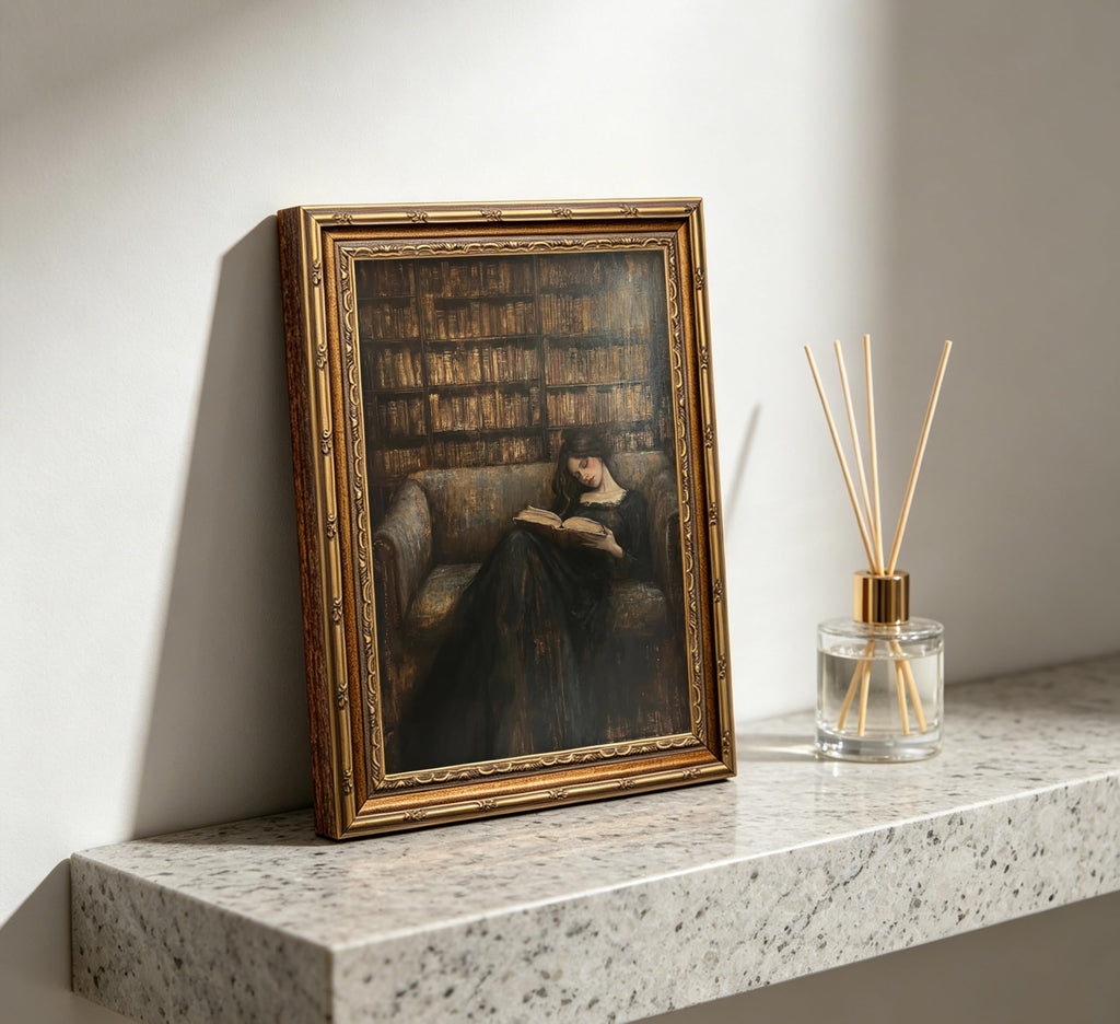 Vintage Gold Framed Gothic Wall Art, Victorian Women Reading Oil Painting Canvas Prints, Dark Academia Picture Wall