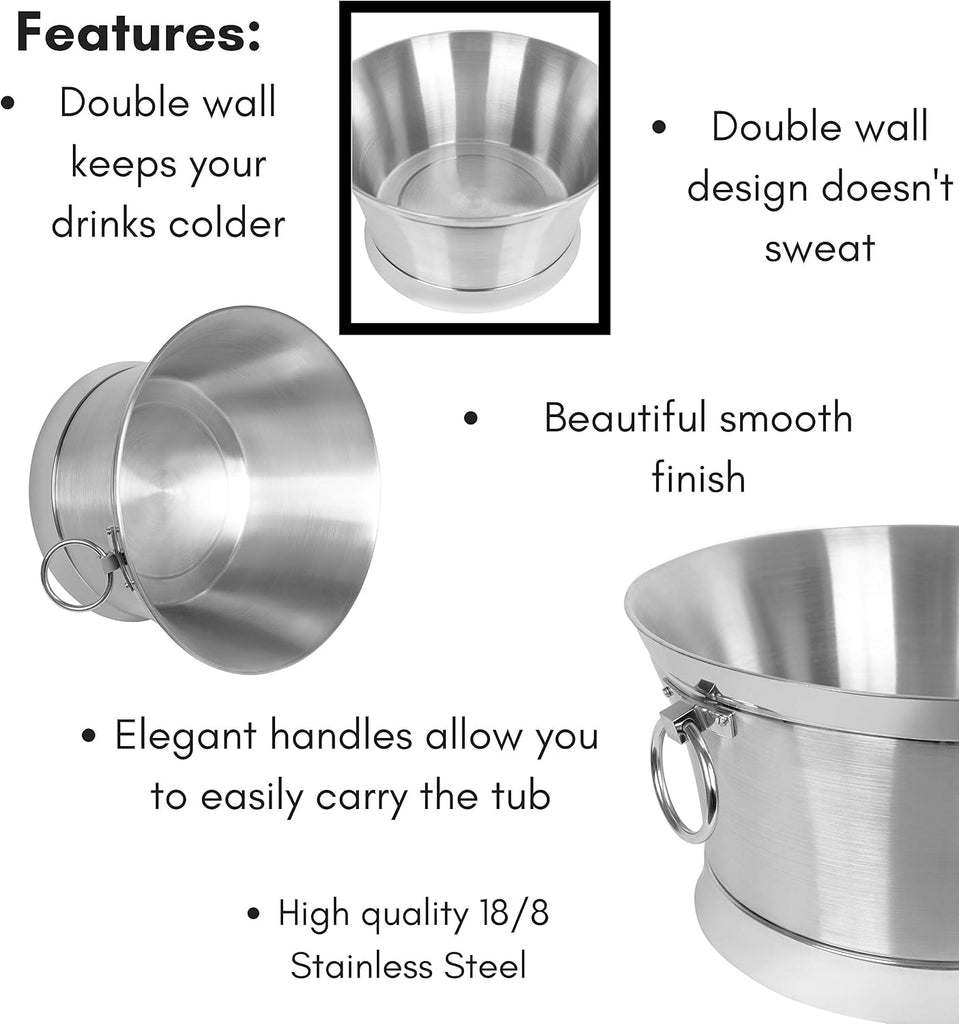 Metal Beverage Tub w/Stand, Scoop & Bottle Opener - Stainless Steel Double Wall Ice Cooler - Large Drinks, Beer