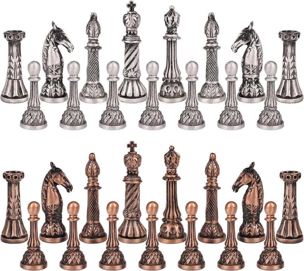Retro Metal Chess Set for Adults and Kids - Marbling Chess Board with Chess Pieces - Travel Chess Set with Metal - Set of 32