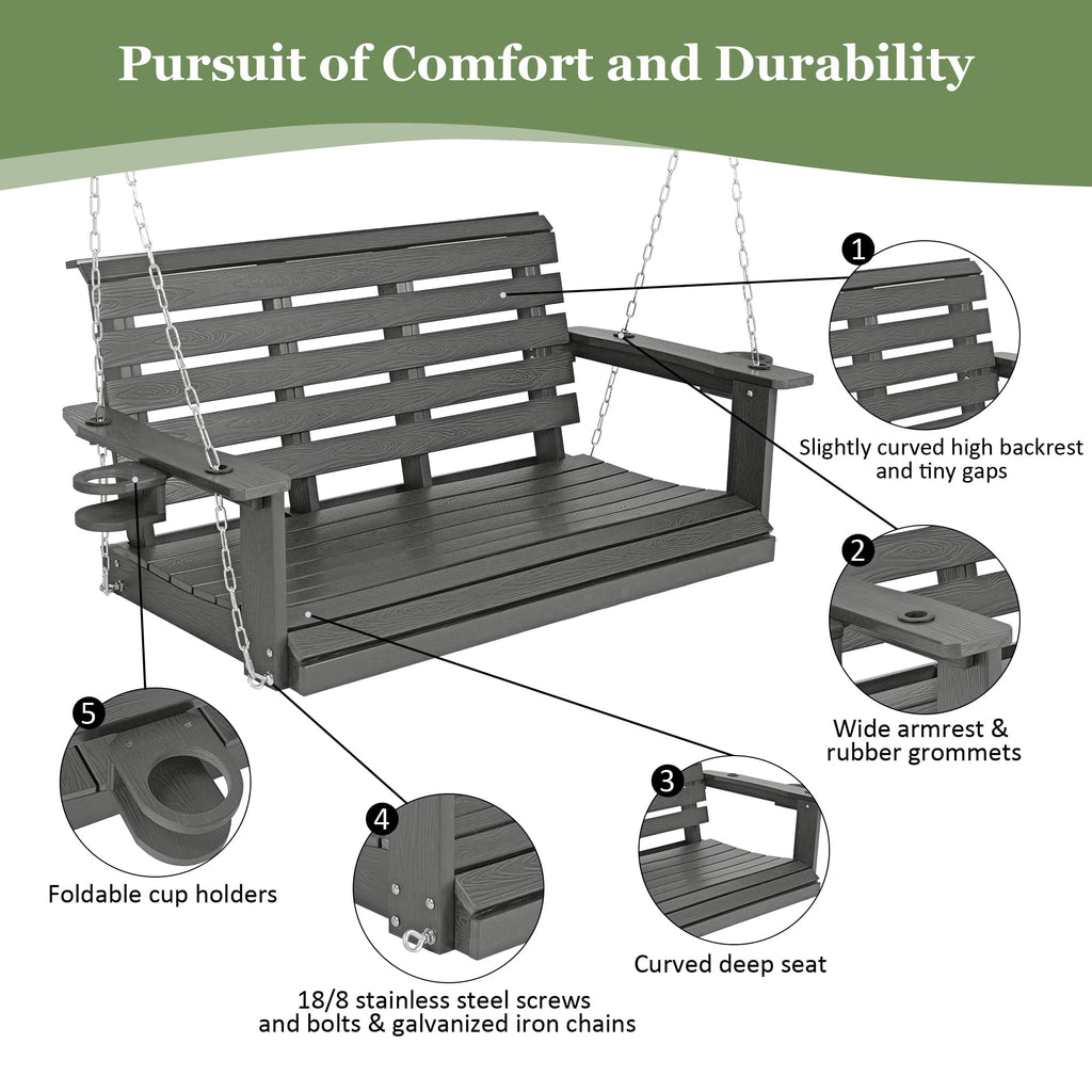 Poly Lumber 2-Seat Porch Swing, HIPS 4-Feet Bench Swing with Foldable Cup Holders, 18/8 Stainless Steel Hardware, High