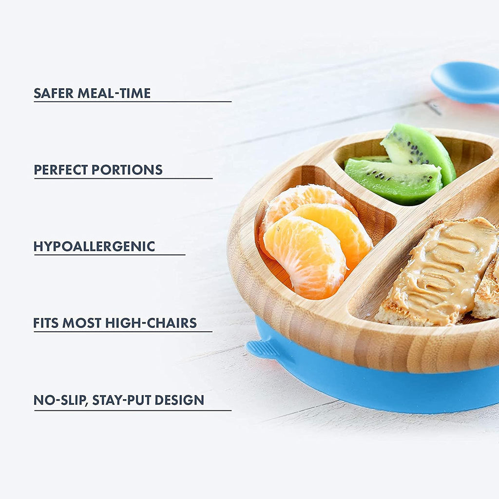 Bamboo Suction Plate & Bowl with Fork and 2 Spoons | Divided Wooden Feeding Dish for Toddlers | BPA-Free Baby Led