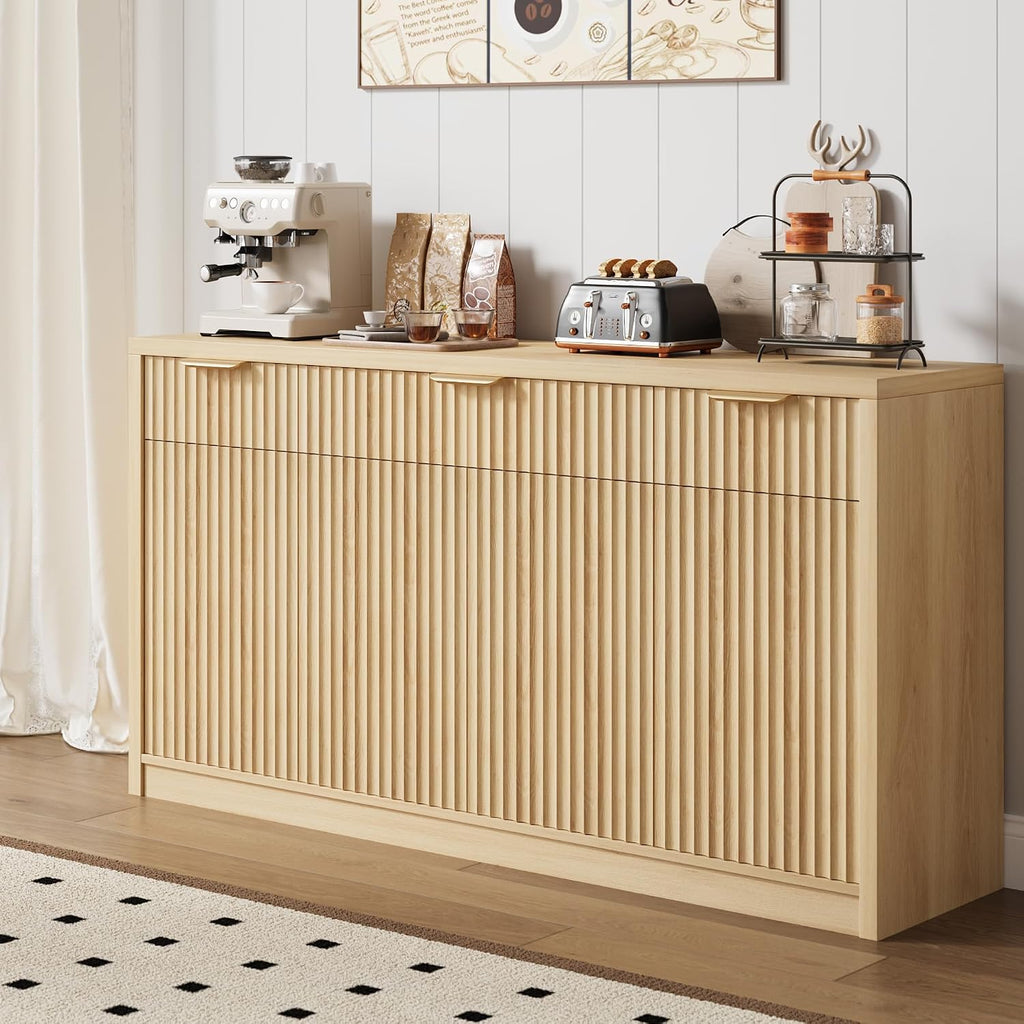 55" Buffet Sideboard Cabinet, Modern Fluted Storage Cabinets Natural | Wood Coffee Bar Storage Cabinet with 3 Drawers