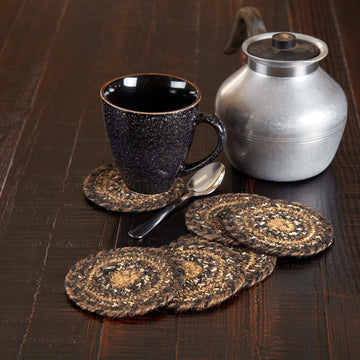 Espresso Coasters, Brown Black Tan, Jute Blend, Round Circle, Set of 6 Coasters